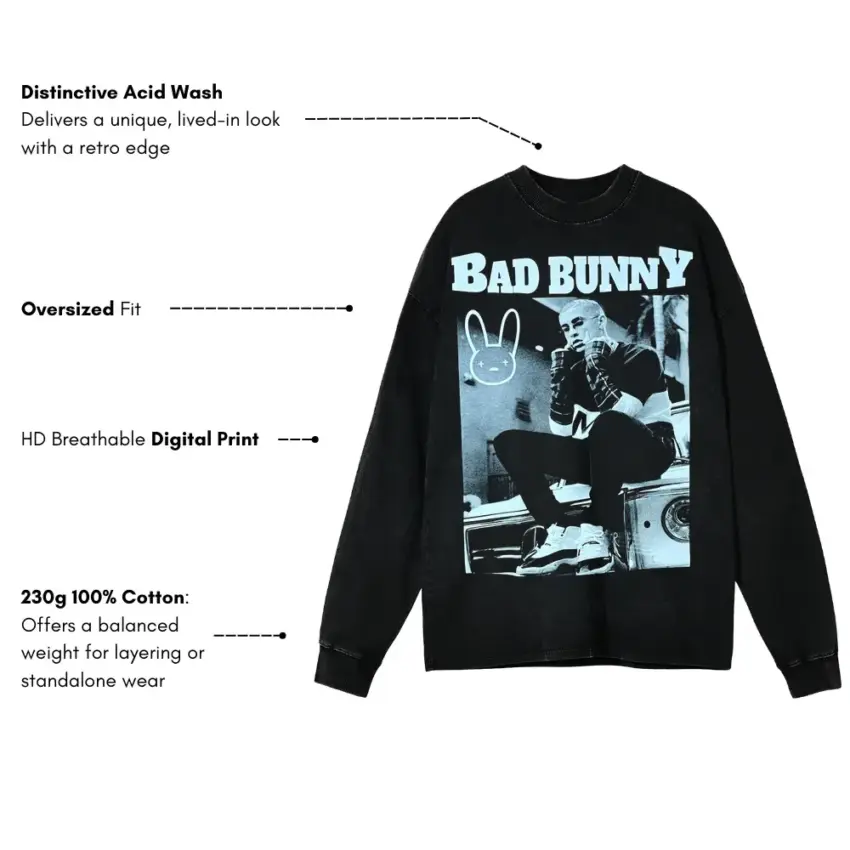 Bad Bunny El Conejo Malo Aicd Wash Oversized Long Sleeve Shirt - Image 5