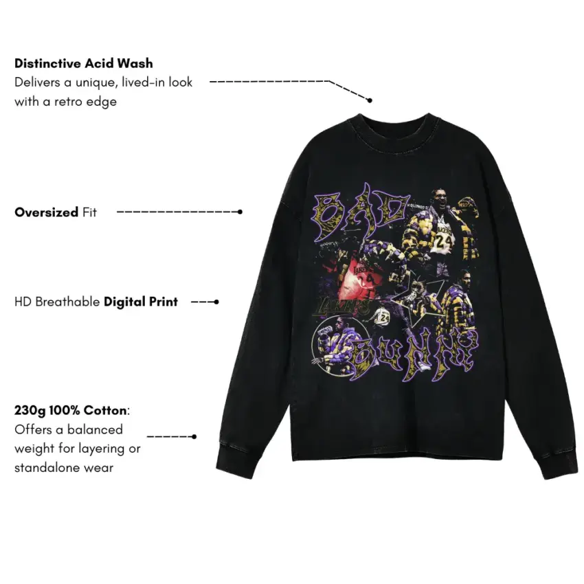 Bad Bunny Lakers Tribute Aicd Wash Oversized Long Sleeve Shirt - Image 5