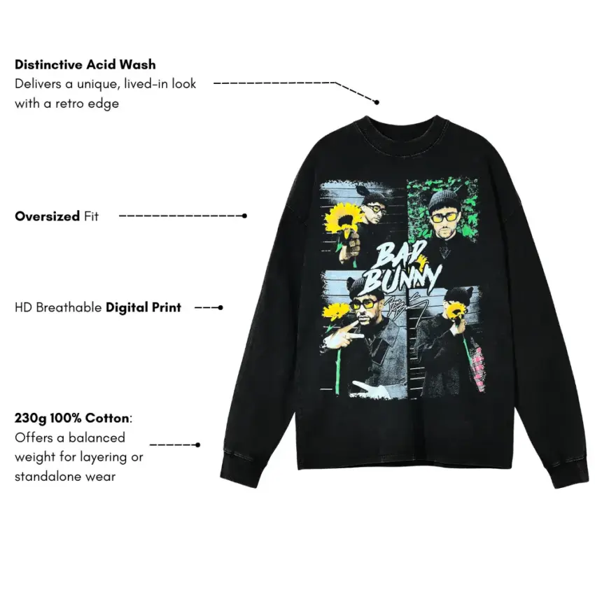 Bar Bunny El Apagon Aicd Wash Oversized Long Sleeve Shirt - Image 5
