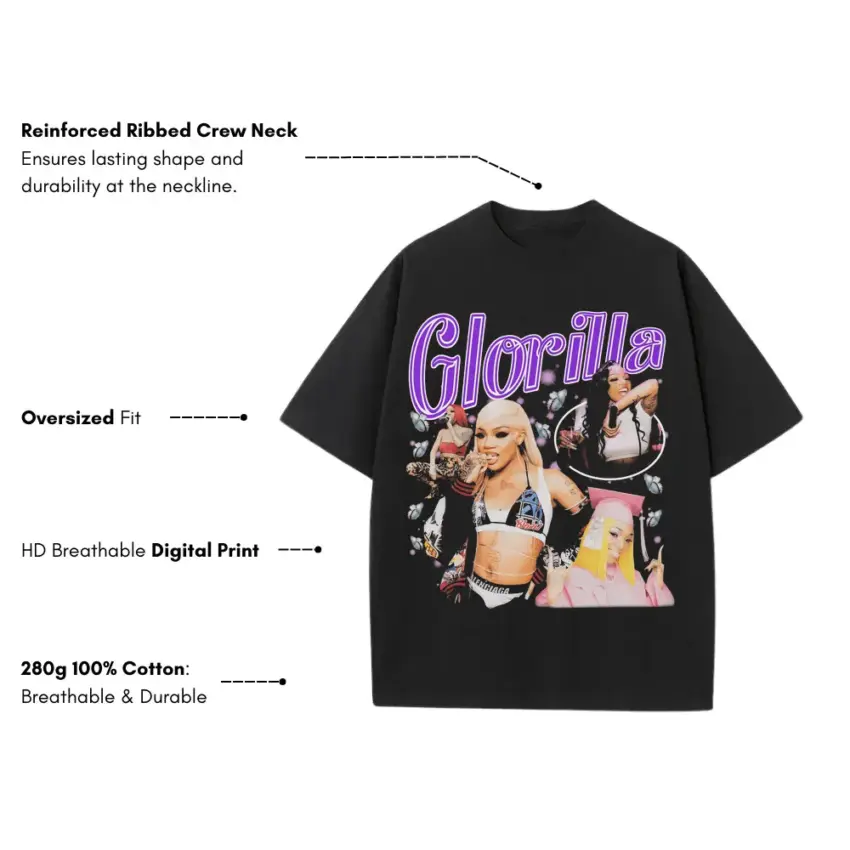 Big Glo Vibrant Collage Heavyweight Oversized Black Graphic Tee - Image 5