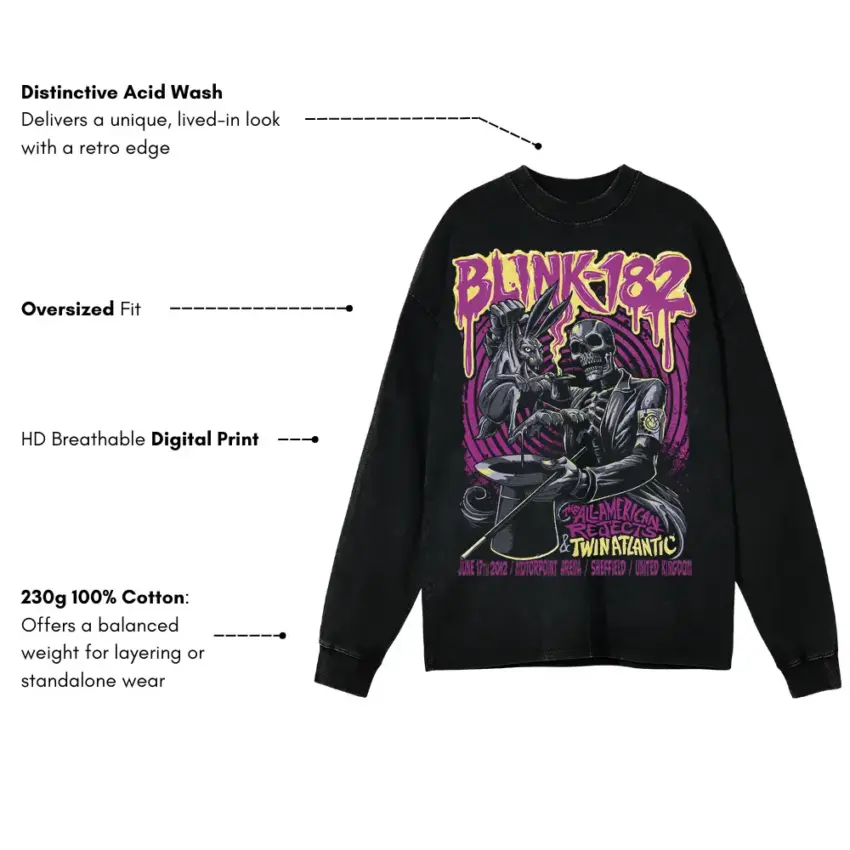 Blink 182 Skulls Aicd Wash Oversized Long Sleeve Shirt - Image 5