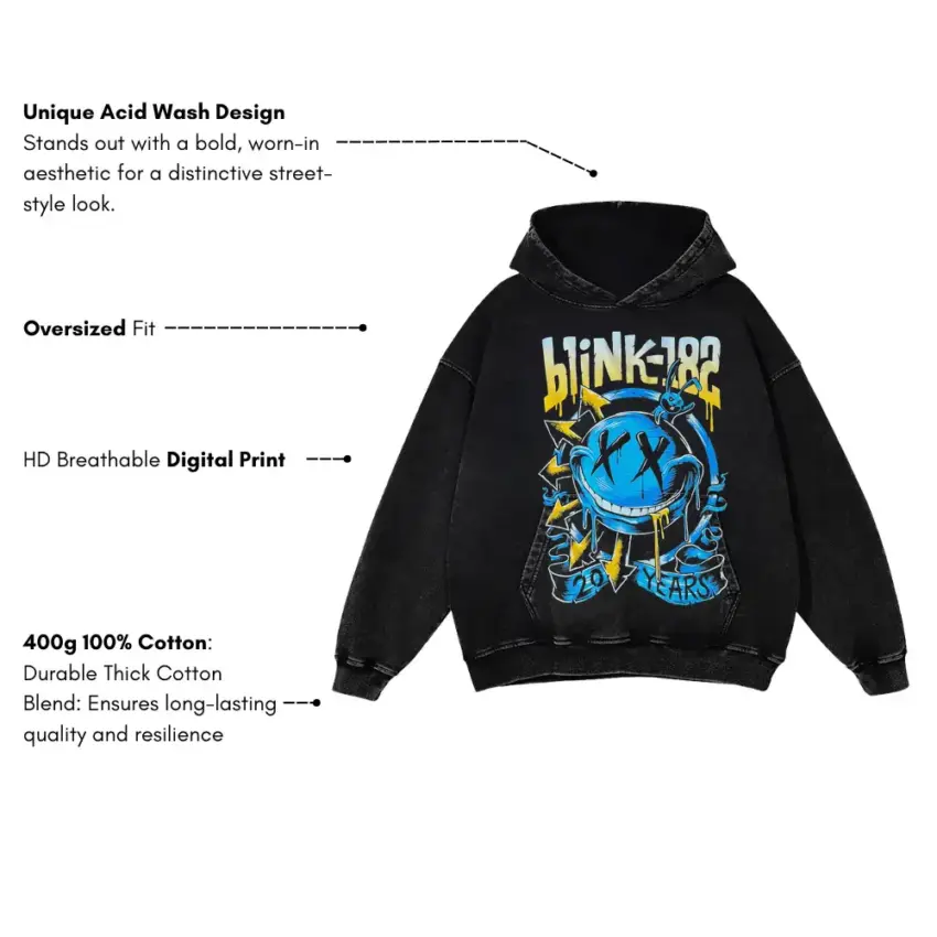 Blink 182 Twenty Years Aicd Wash Oversized Hoodie - Image 5