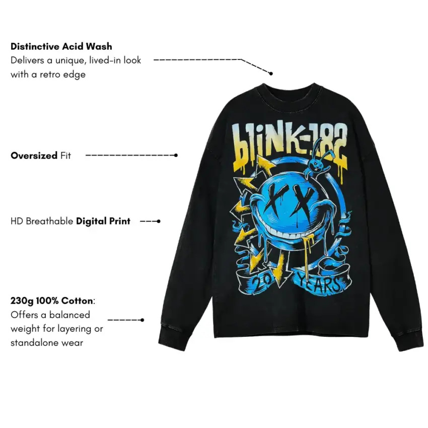 Blink 182 Twenty Years Aicd Wash Oversized Long Sleeve Shirt - Image 5