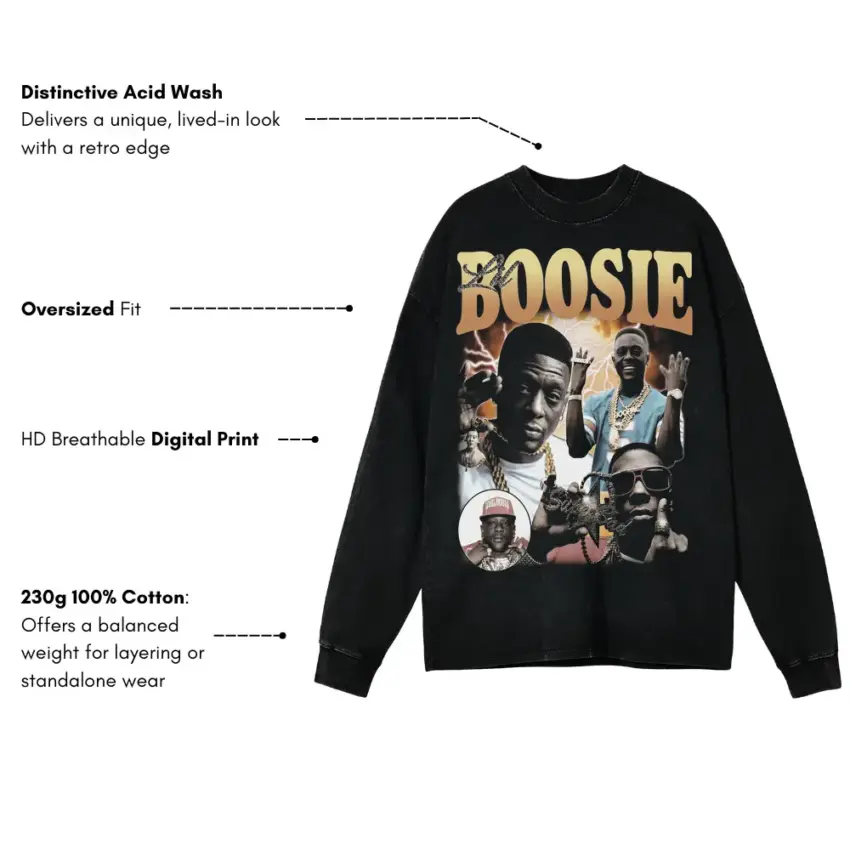 Boosie Badazz Collage Aicd Wash Oversized Long Sleeve Shirt - Image 5