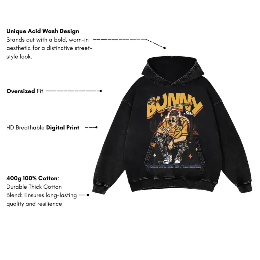 Bunny Graffiti Style Aicd Wash Oversized Hoodie - Image 5