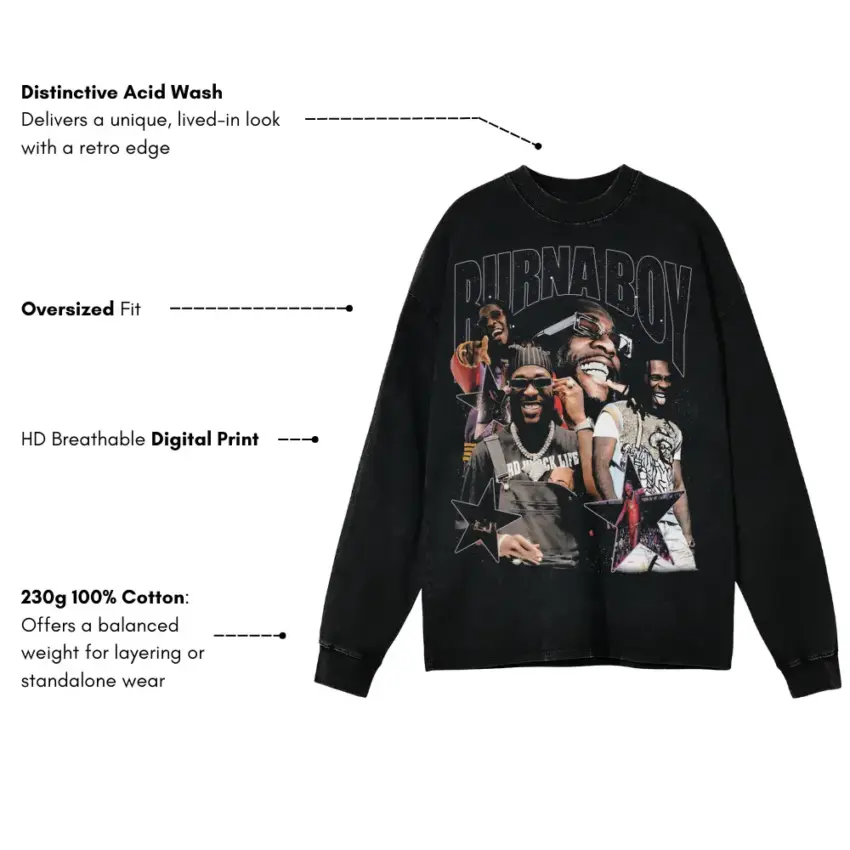 Burna Boy African Giant Aicd Wash Oversized Long Sleeve Shirt - Image 5