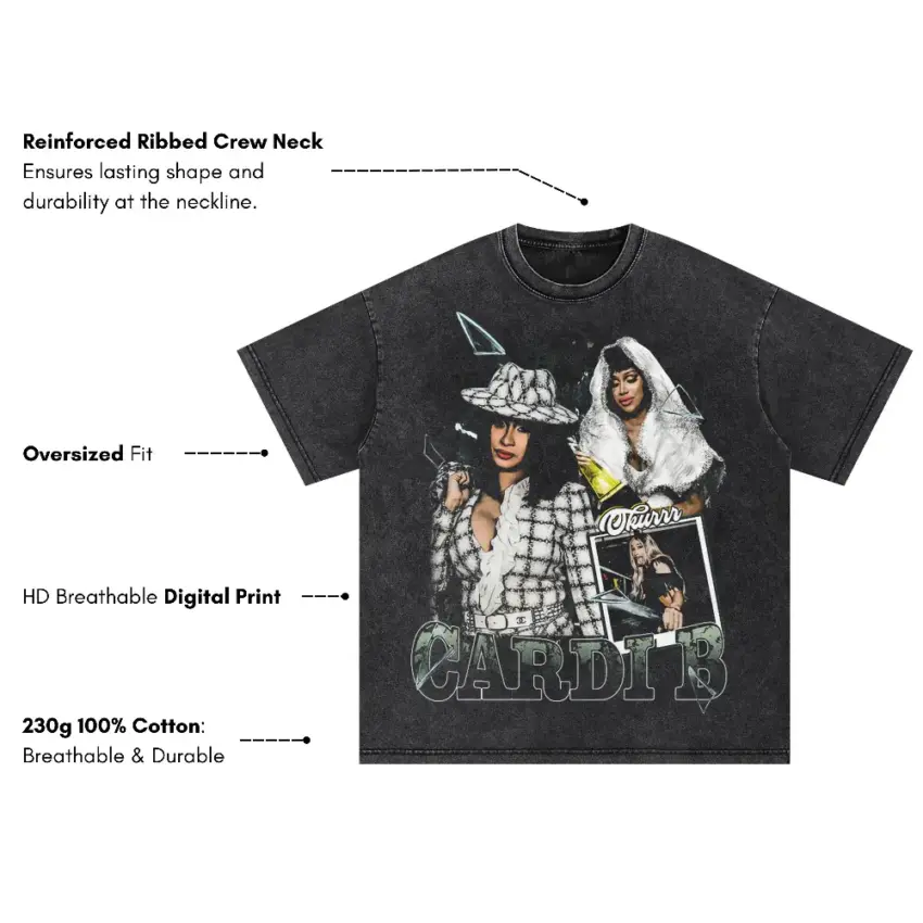 Cardi B Collage Oversized Acid Wash T-shirt - Image 5
