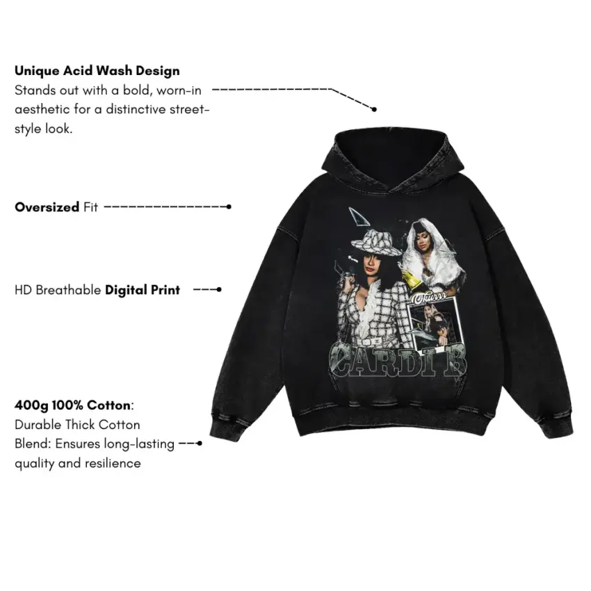 Cardi B Collage Aicd Wash Oversized Hoodie - Image 5