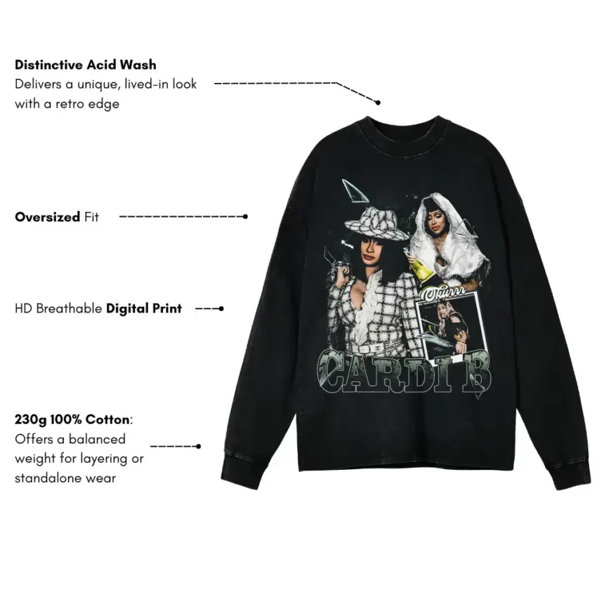 Cardi B Collage Aicd Wash Oversized Long Sleeve Shirt - Image 5