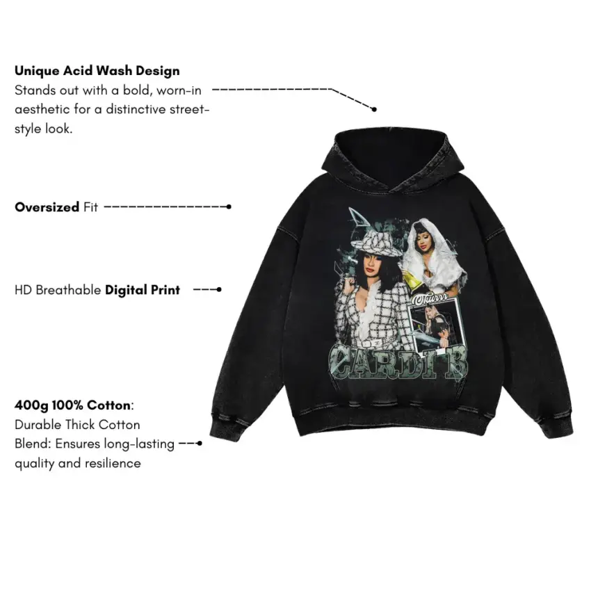 Cardi B Street Style Aicd Wash Oversized Hoodie - Image 5