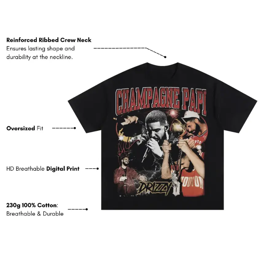 Champagne Papi Drizzy Oversized Black Graphic Tee - Image 5