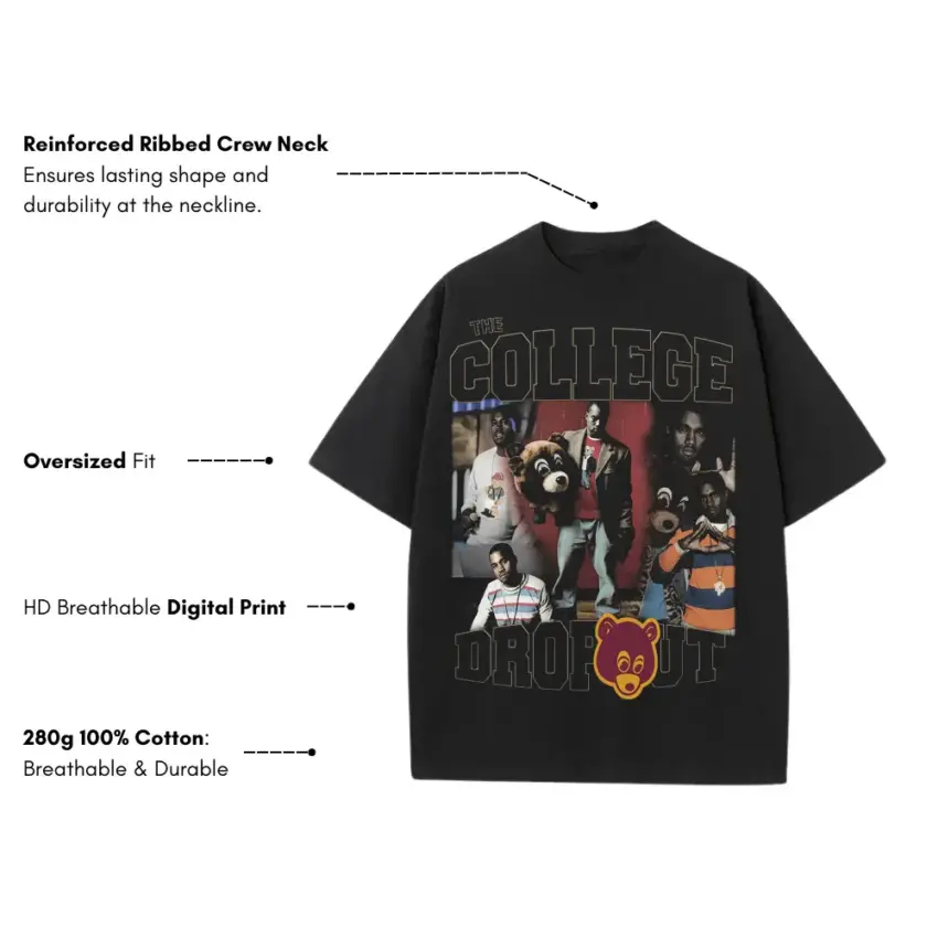 College Dropout Bear Heavyweight Oversized Black Graphic Tee - Image 5