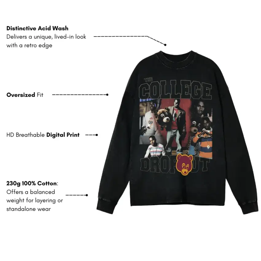 College Dropout Bear Aicd Wash Oversized Long Sleeve Shirt - Image 5