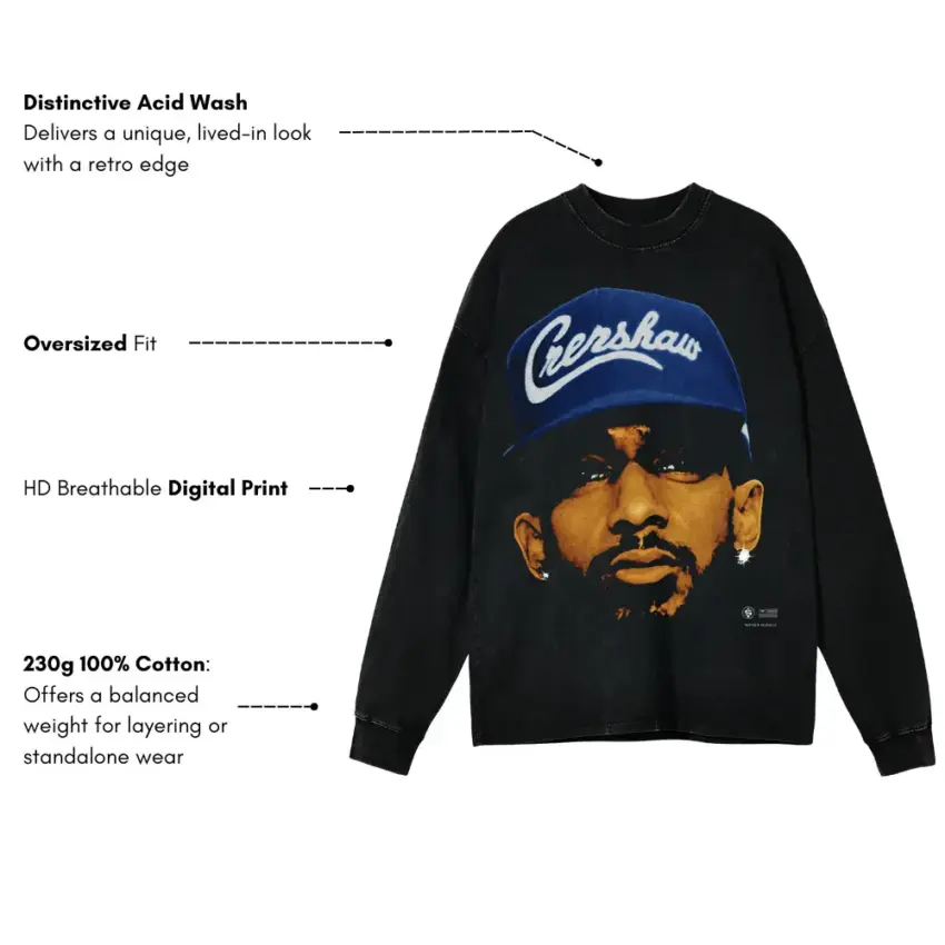 Crenshaw King Nipsey Aicd Wash Oversized Long Sleeve Shirt - Image 5
