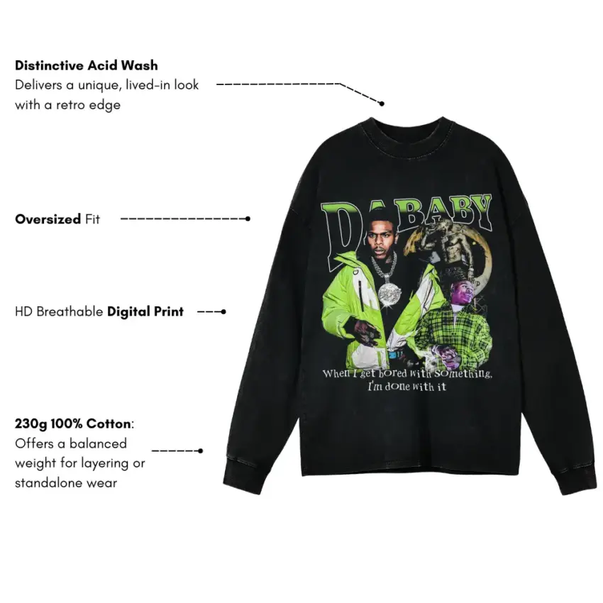 DaBaby Artistic Struggle Aicd Wash Oversized Long Sleeve Shirt - Image 5