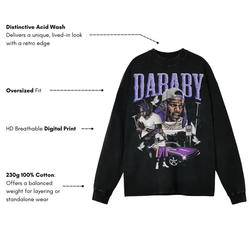 DaBaby Purple Reign Aicd Wash Oversized Long Sleeve Shirt - Image 5