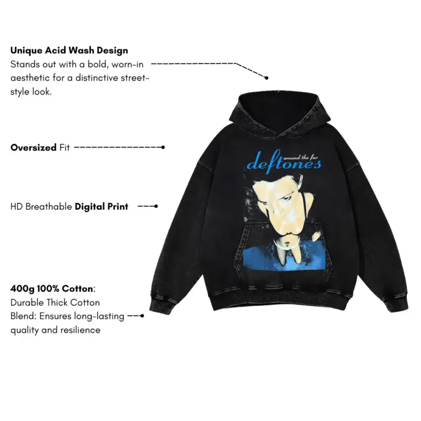 Deftones Band Portrait Aicd Wash Oversized Hoodie - Image 5