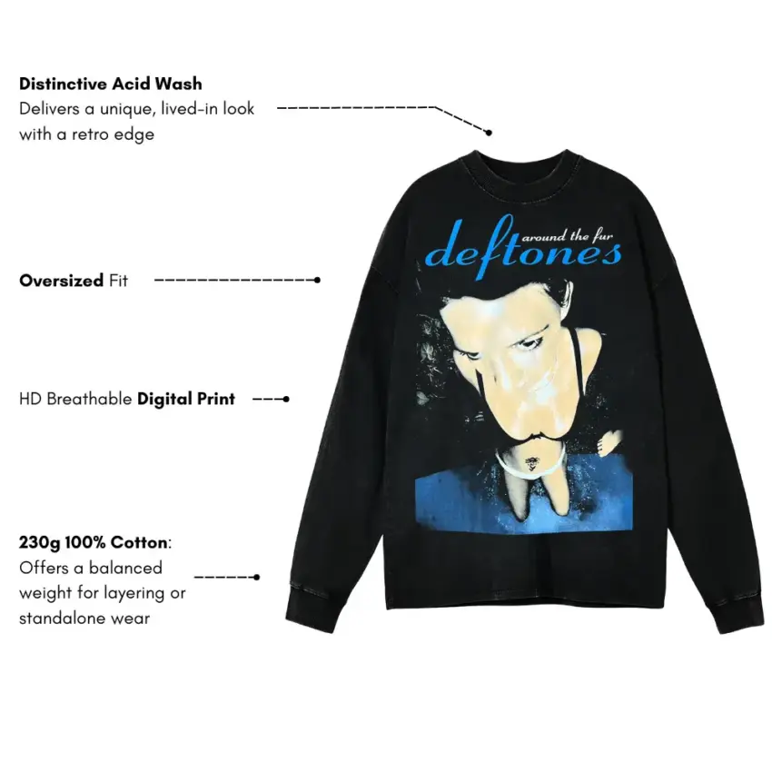 Deftones Band Portrait Aicd Wash Oversized Long Sleeve Shirt - Image 5