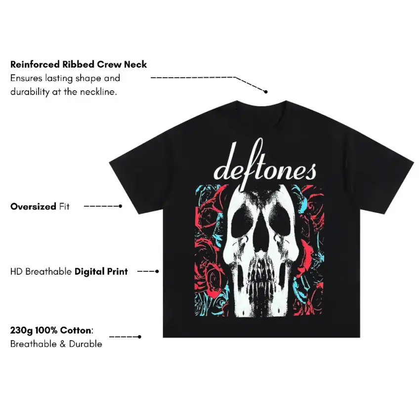 Deftones Ornate Skull Oversized Black Graphic Tee - Image 4