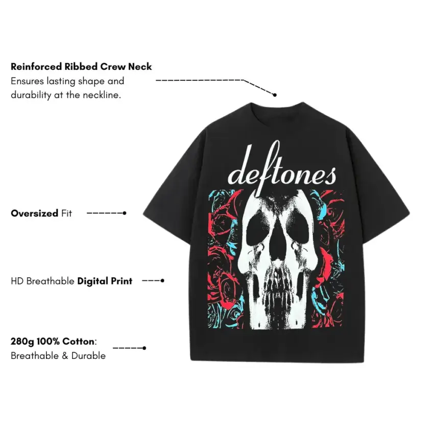 Deftones Ornate Skull Heavyweight Oversized Black Graphic Tee - Image 5