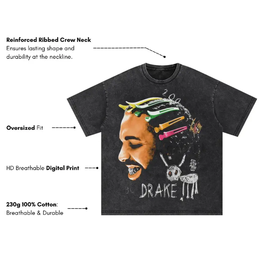 Drake 2 0 Illustration Oversized Acid Wash T-shirt - Image 5