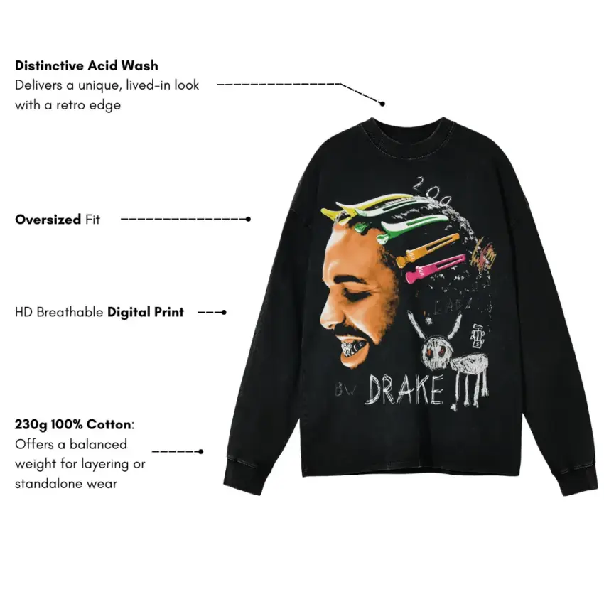 Drake 2 0 Illustration Aicd Wash Oversized Long Sleeve Shirt - Image 5