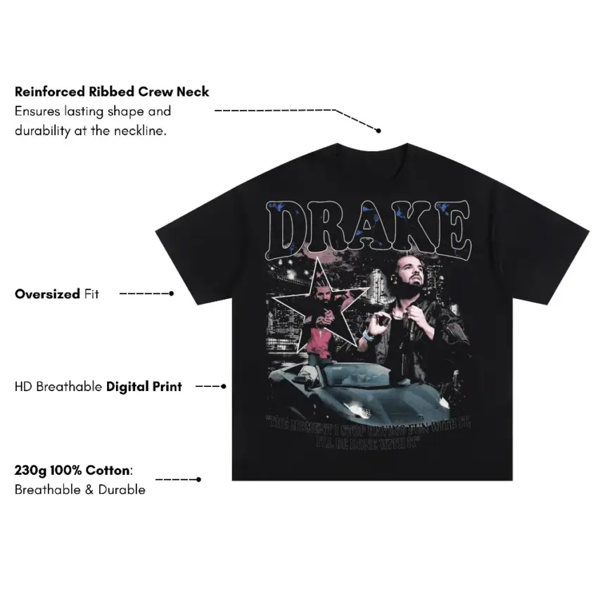 Drake Car Collage Oversized Black Graphic Tee - Image 5