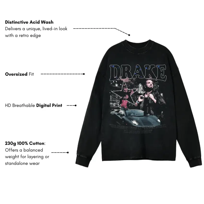 Drake Car Collage Aicd Wash Oversized Long Sleeve Shirt - Image 5