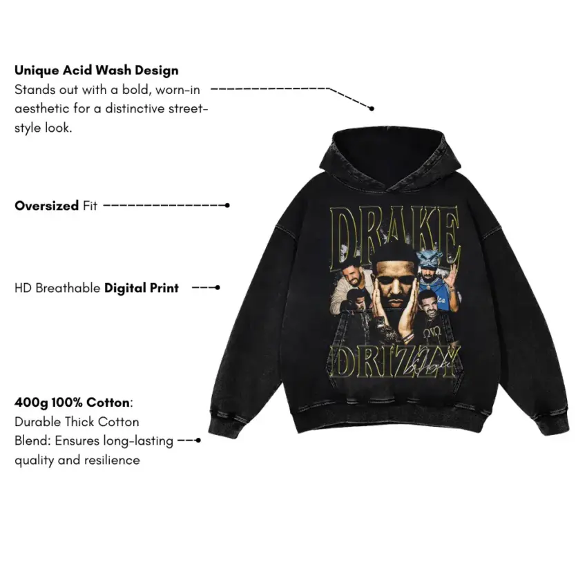 Drake Drizzy Collage Aicd Wash Oversized Hoodie - Image 5