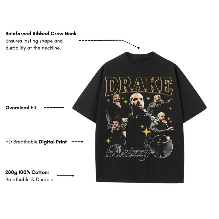 Drake Drizzy Tribute Heavyweight Oversized Black Graphic Tee - Image 5