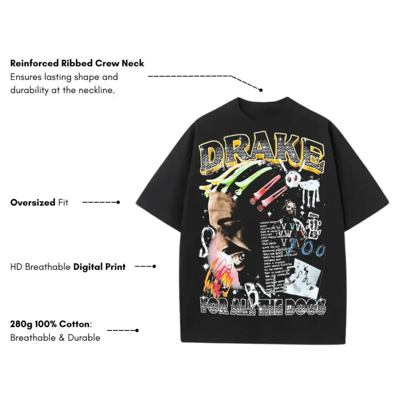 Drake For All The Dogs Heavyweight Oversized Black Graphic Tee - Image 5