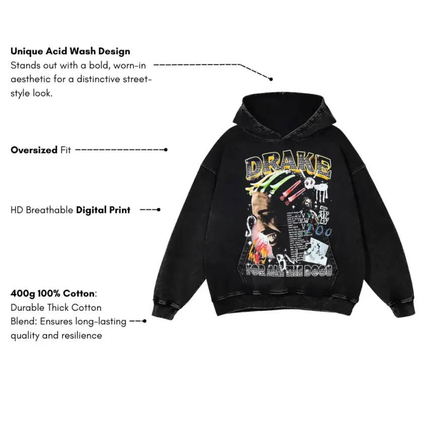 Drake For All The Dogs Aicd Wash Oversized Hoodie - Image 5