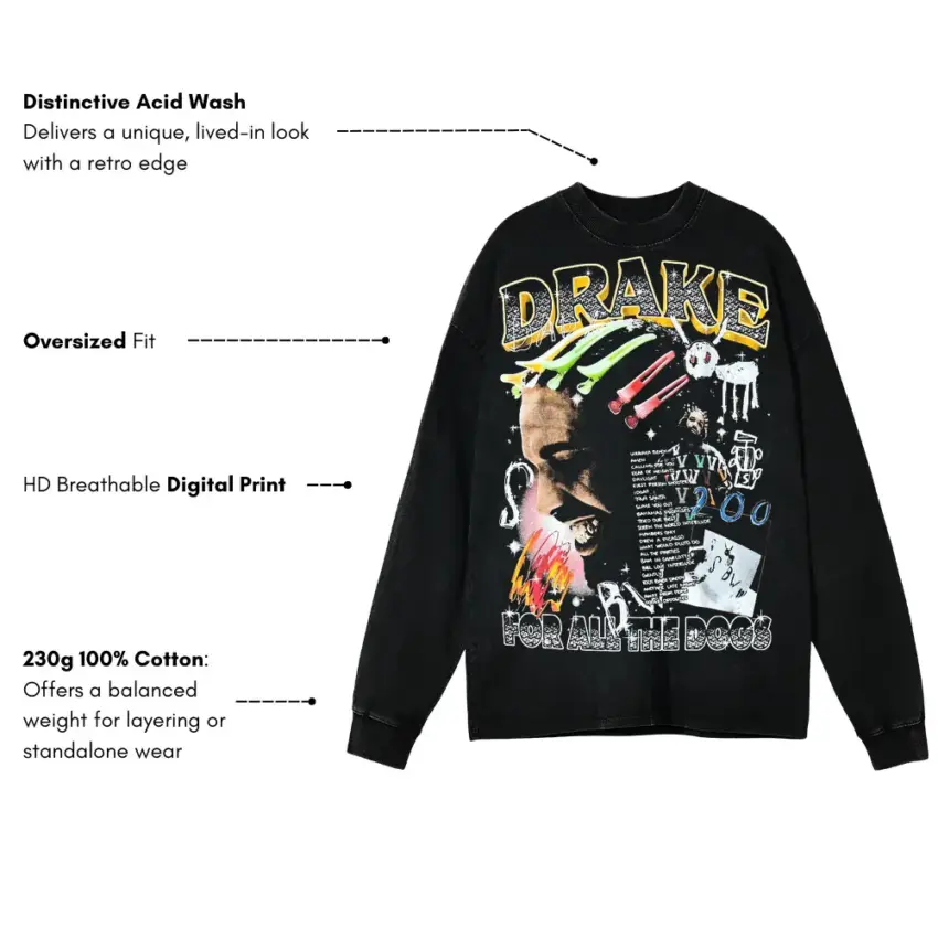 Drake For All The Dogs Aicd Wash Oversized Long Sleeve Shirt - Image 5