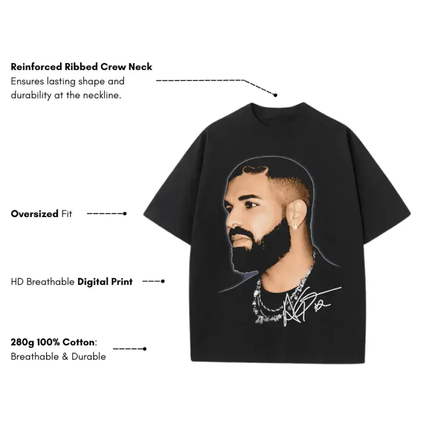 Drake Signature Portrait Heavyweight Oversized Black Graphic Tee - Image 5