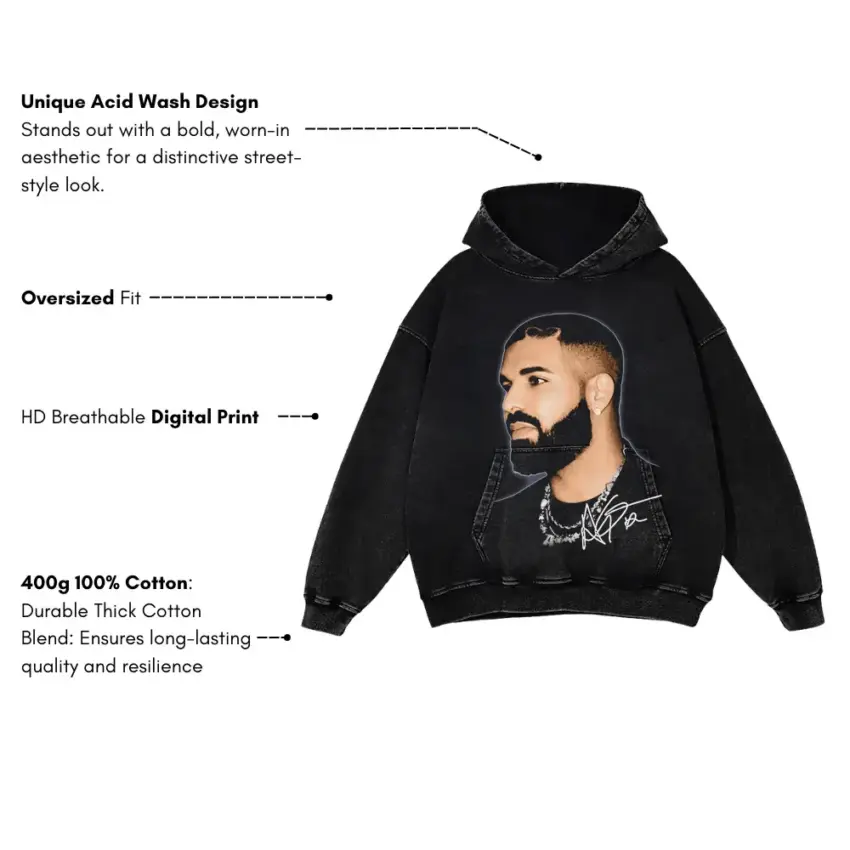 Drake Signature Portrait Aicd Wash Oversized Hoodie - Image 5