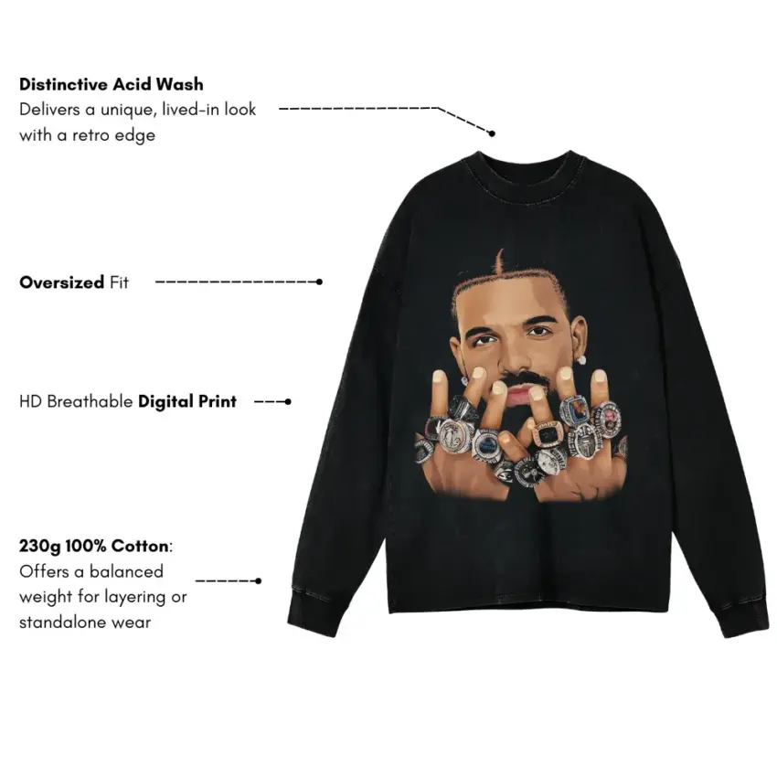 Drake The Champ Aicd Wash Oversized Long Sleeve Shirt - Image 5