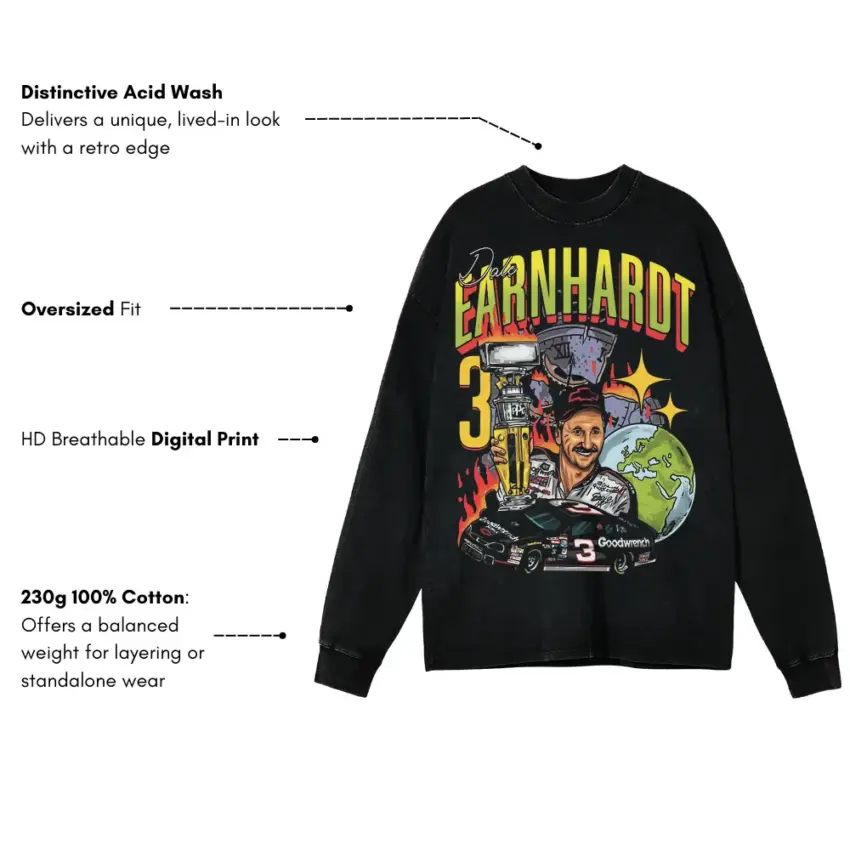 Earnhardt Legend Number Three Aicd Wash Oversized Long Sleeve Shirt - Image 5