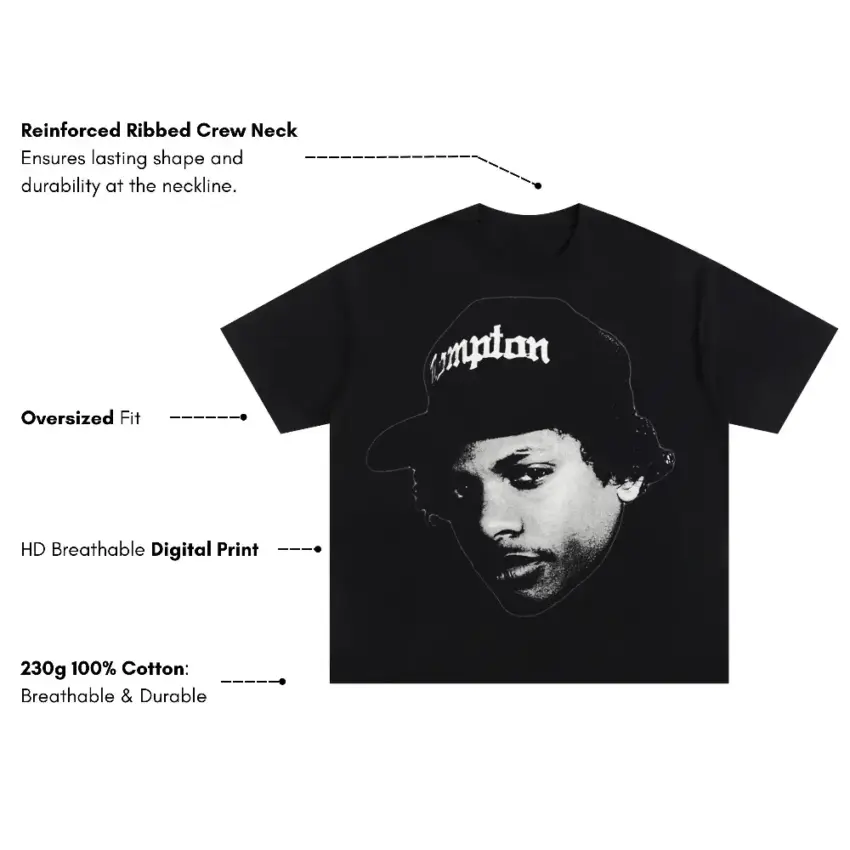 Eazy E Compton Hat Oversized Black Graphic Tee - Image 5