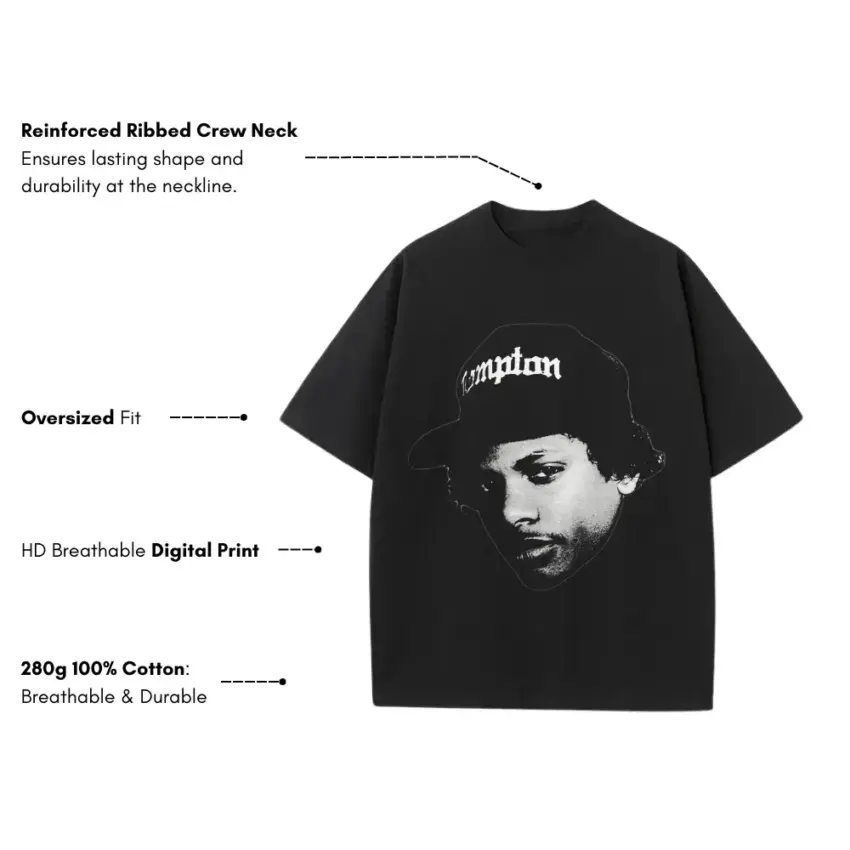 Eazy E Compton Hat Heavyweight Oversized Black Graphic Tee - Image 5