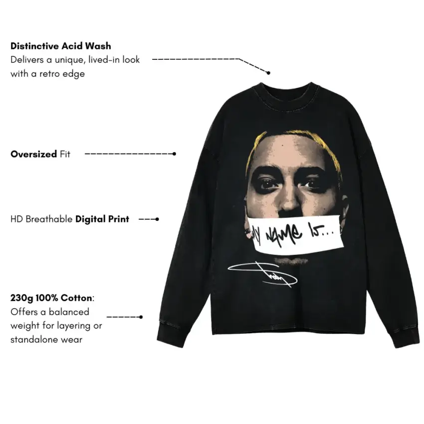 Eminem Signature Portrait Aicd Wash Oversized Long Sleeve Shirt - Image 5