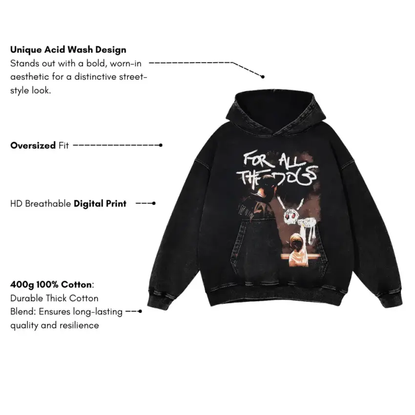 For All The Dogs Album Art Aicd Wash Oversized Hoodie - Image 5