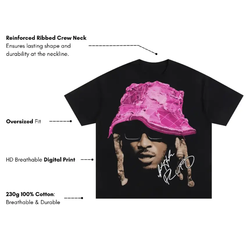 Future Pink Hat Drip Oversized Black Graphic Tee - Image 5