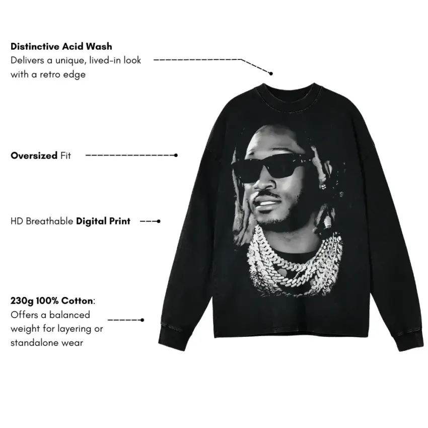 Future Pluto Portrait Aicd Wash Oversized Long Sleeve Shirt - Image 5