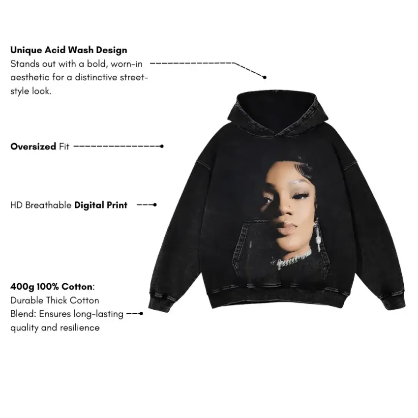 GloRilla FNF Portrait Aicd Wash Oversized Hoodie - Image 5