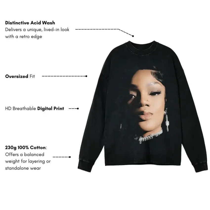 GloRilla FNF Portrait Aicd Wash Oversized Long Sleeve Shirt - Image 5