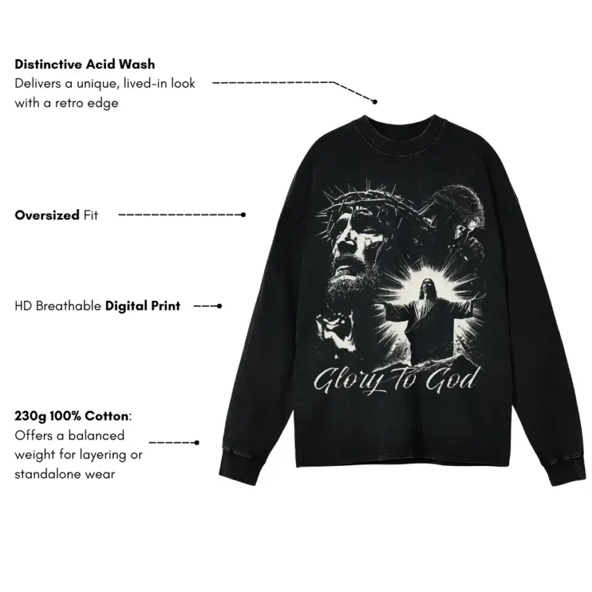 Glory To God Aicd Wash Oversized Long Sleeve Shirt - Image 5