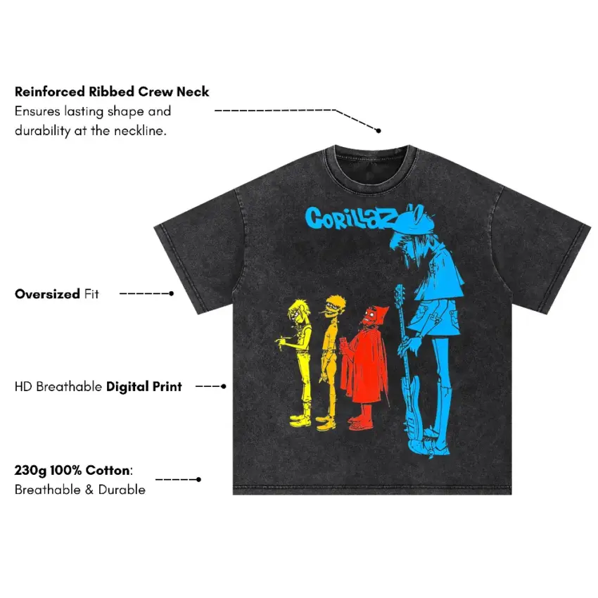 Gorillaz Silhouette Lineup Oversized Acid Wash T-shirt - Image 5