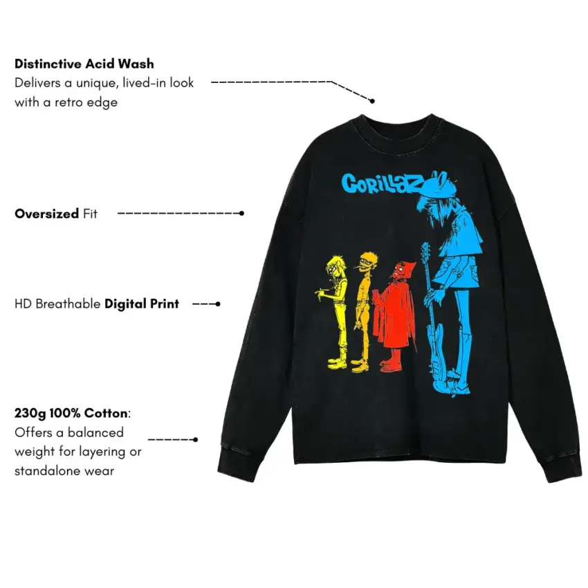 Gorillaz Silhouette Lineup Aicd Wash Oversized Long Sleeve Shirt - Image 5
