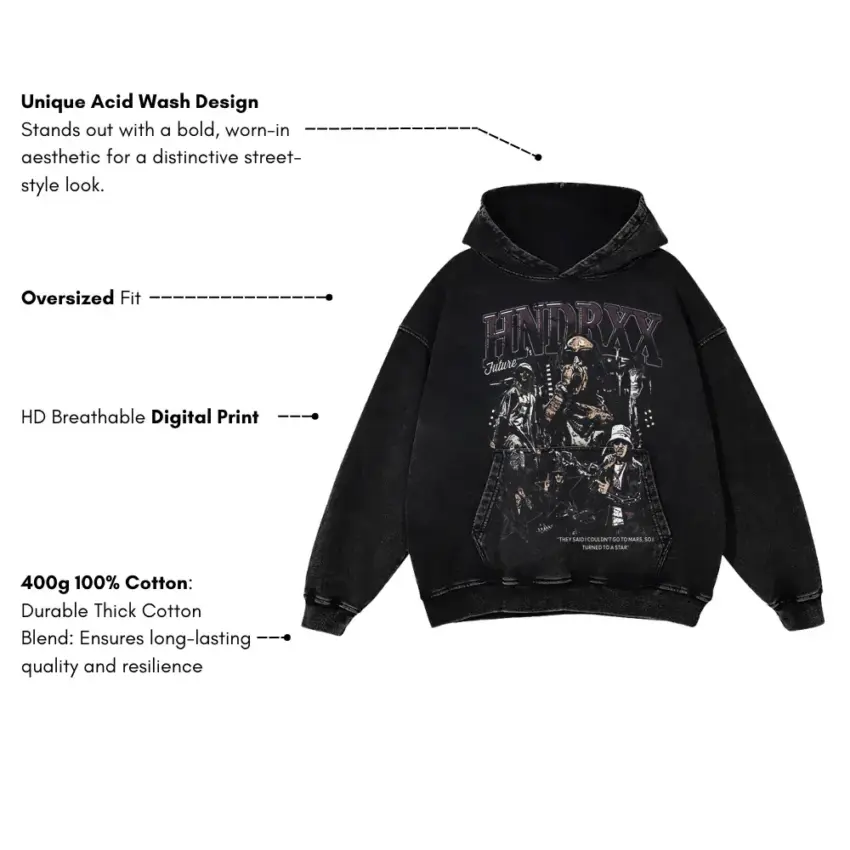 Hndrxx Monochrome Tribute Aicd Wash Oversized Hoodie - Image 5