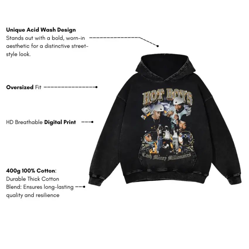 Hot Boys Cash Money Millionaires Aicd Wash Oversized Hoodie - Image 5